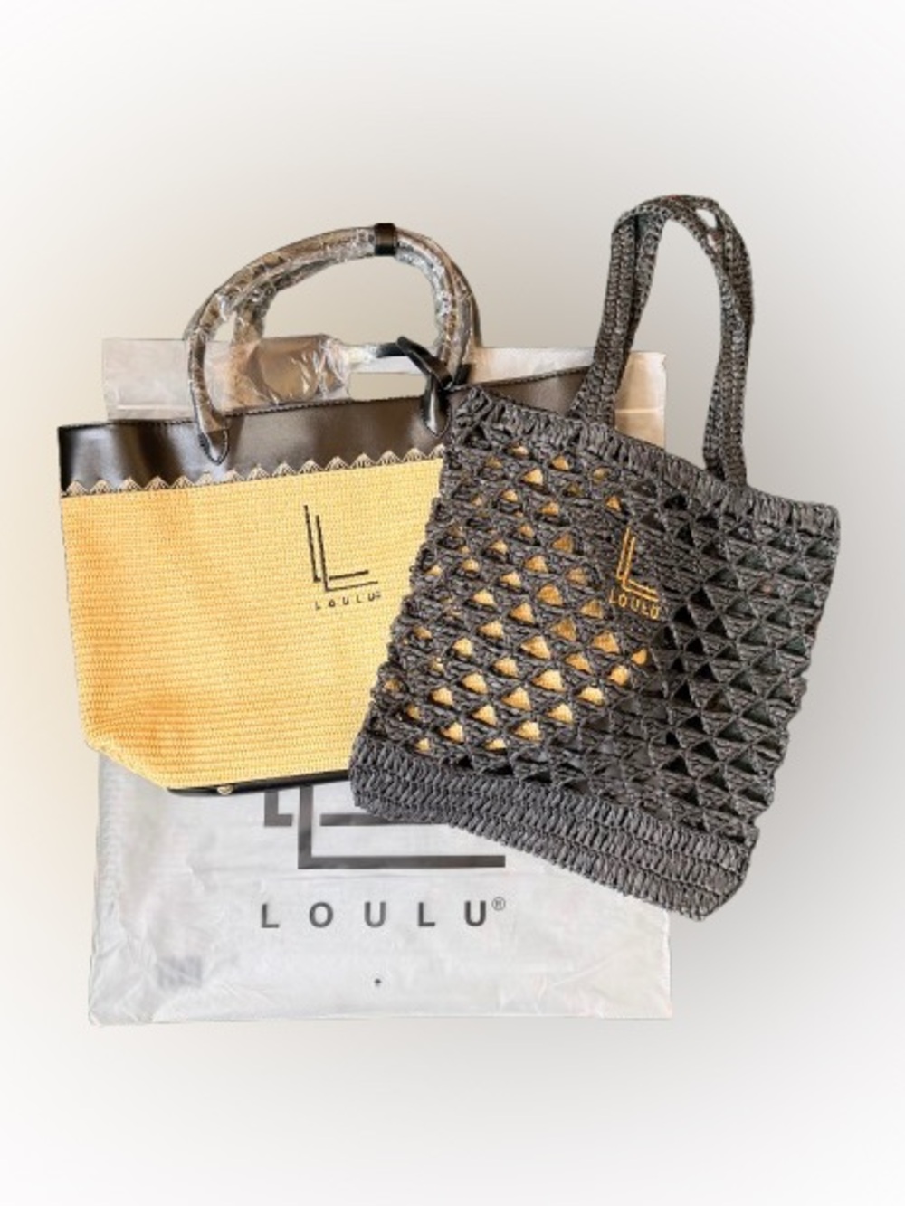 Loulu Straw Tote + Woven Rattan Tote Bundle NWT Summer Beach Market Bags Set